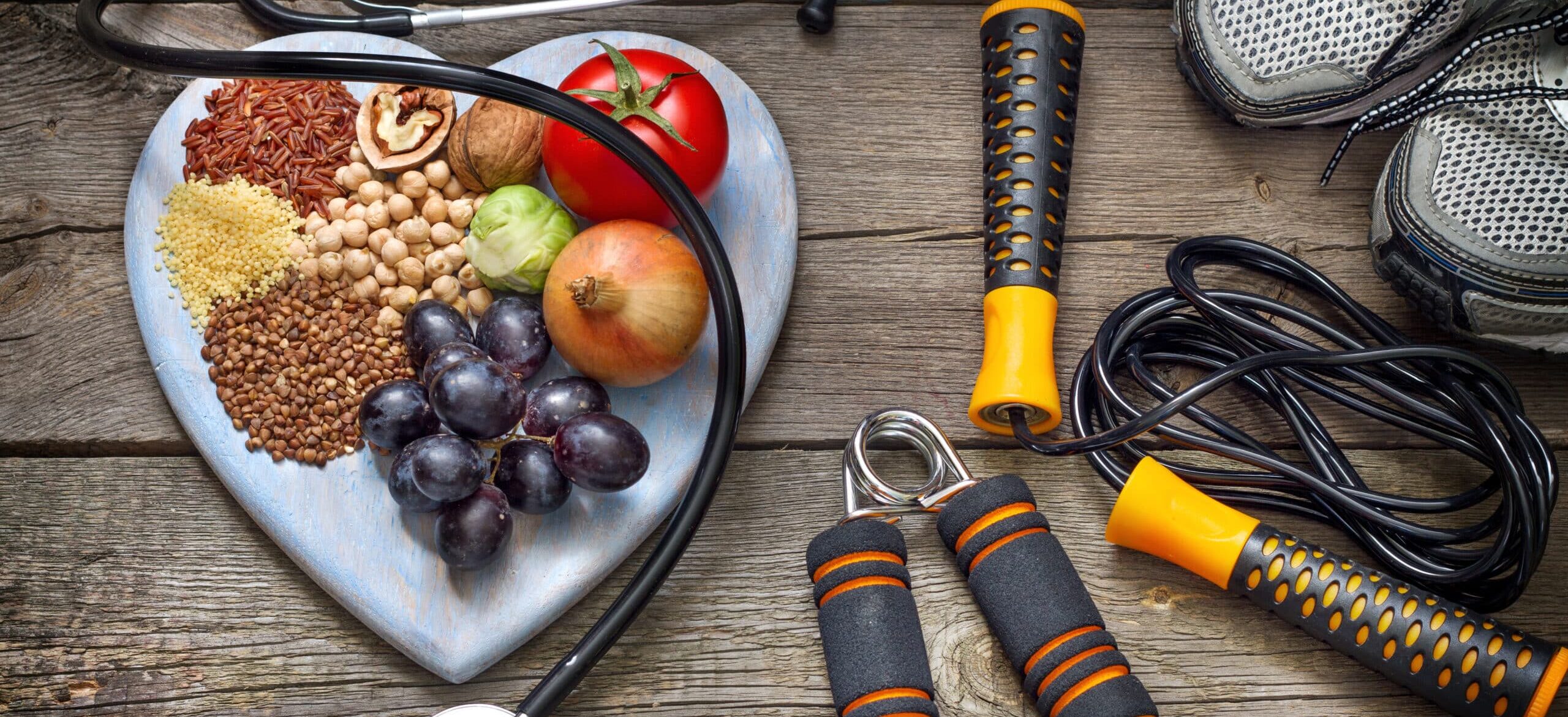 a photo of healthy food and exercise equipment